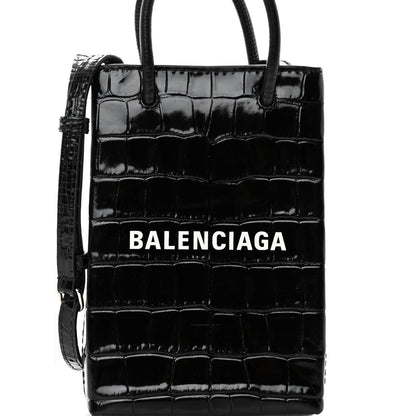 Balenciaga Calfskin Crocodile Embossed Logo Shopping Phone Holder Bag Black 7 of 9