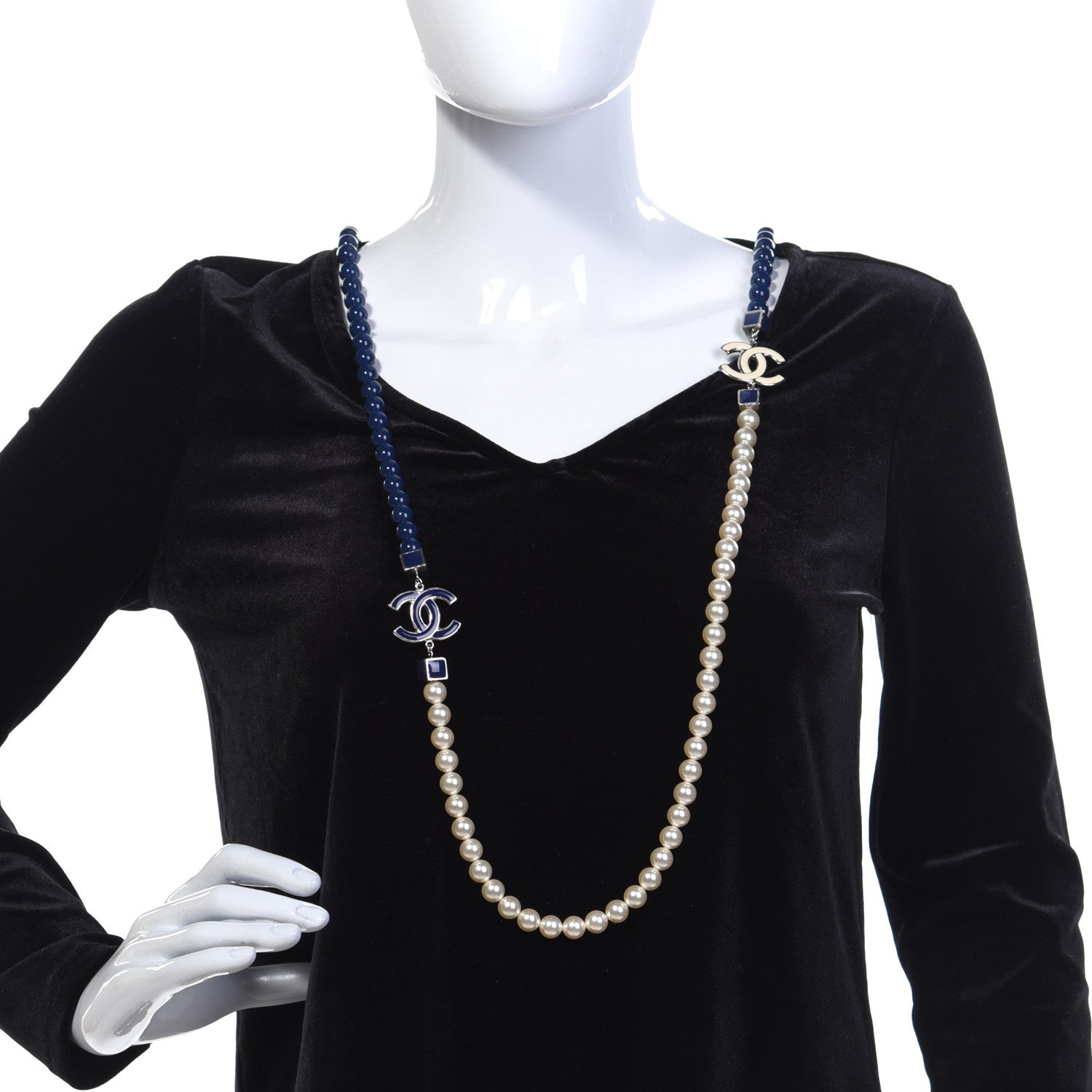 Chanel Pearl CC Long Necklace Pearly White Blue 3 of 14