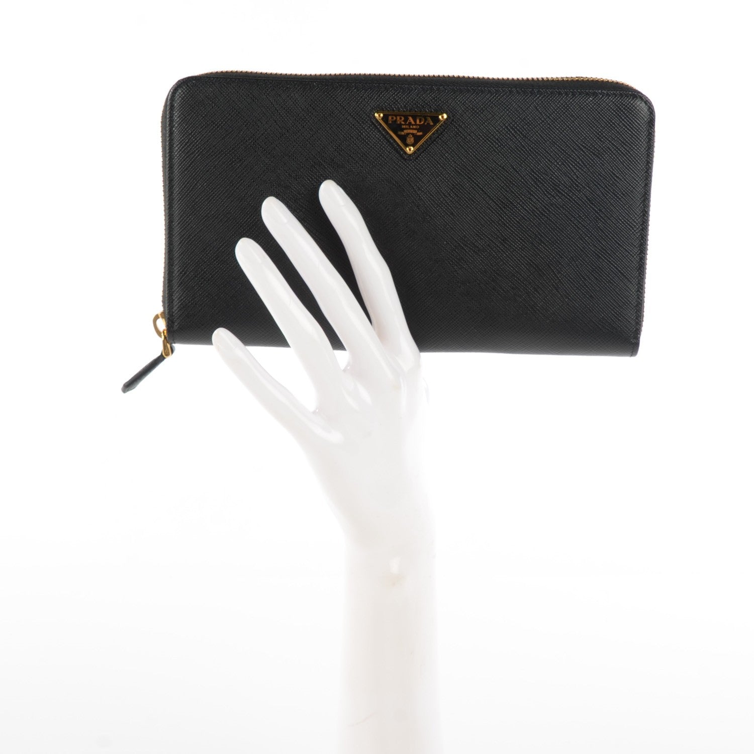 Prada Saffiano Triangle Large Zip Around Travel Wallet Nero Black 2 of 6