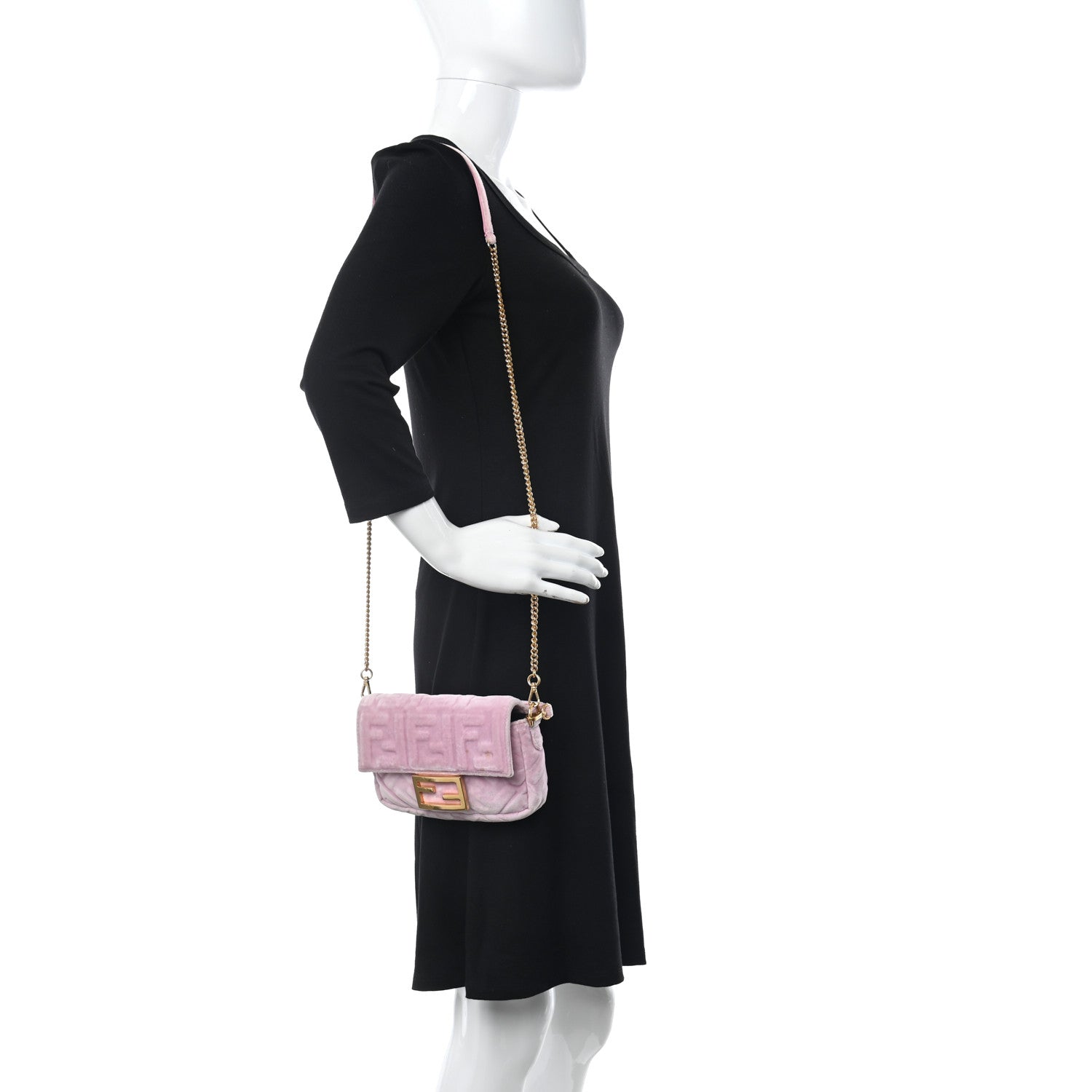 Fendi Velvet FF Embossed Mini Baguette Rosa Confetti 2 of 11