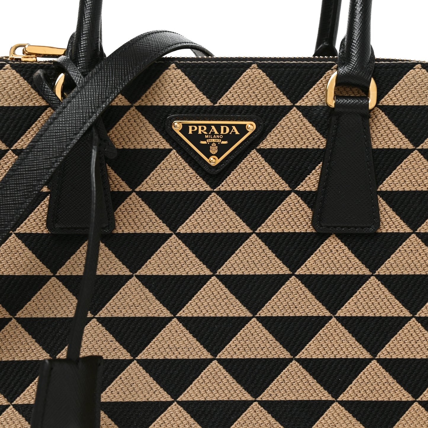 Jacquard Saffiano Triangolo Symbole Embroidered Small Galleria Double Zip Tote Black Corda