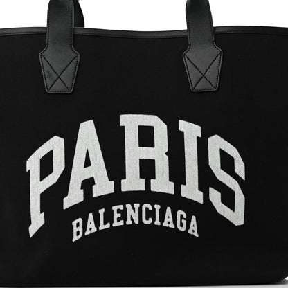Balenciaga Cotton Canvas Calfskin Cities Paris Jumbo Large Tote Bag Black White 8 of 12