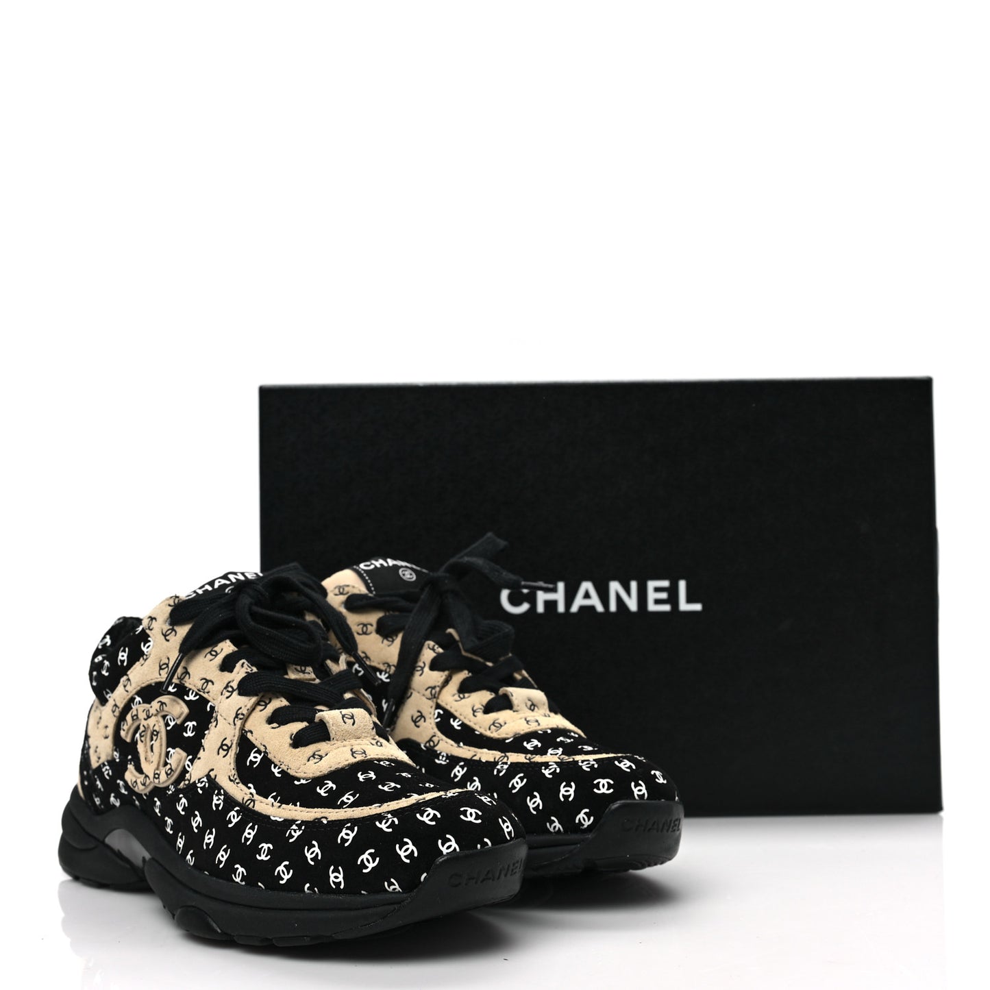 Nylon Suede Calfskin Printed CC Sneakers 37 Black Beige