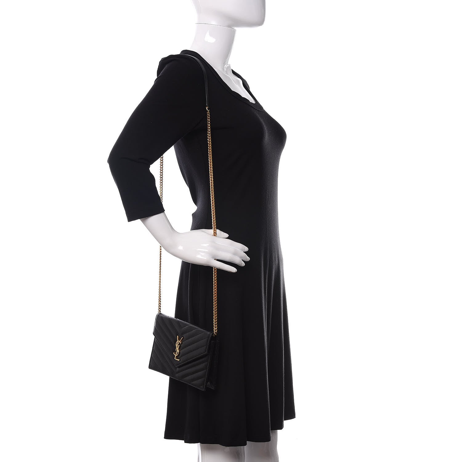 Saint Laurent Grain De Poudre Matelasse Chevron Monogram Envelope Chain Wallet Black 2 of 10