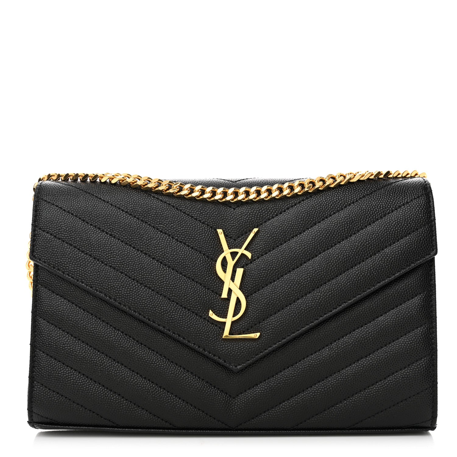 Saint Laurent Grain De Poudre Matelasse Chevron Monogram Chain Wallet Black 1 of 9