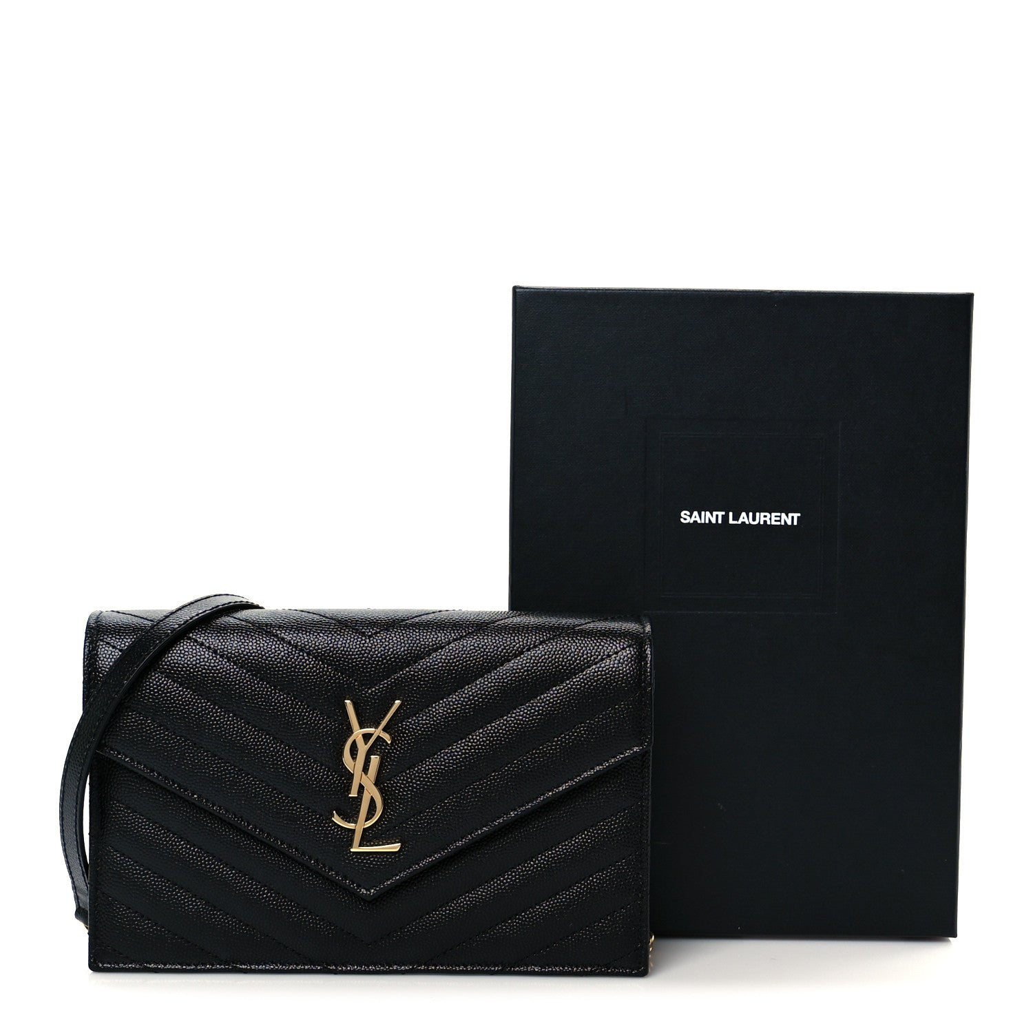 Saint Laurent Grain De Poudre Matelasse Chevron Monogram Envelope Chain Wallet Black 20 of 20