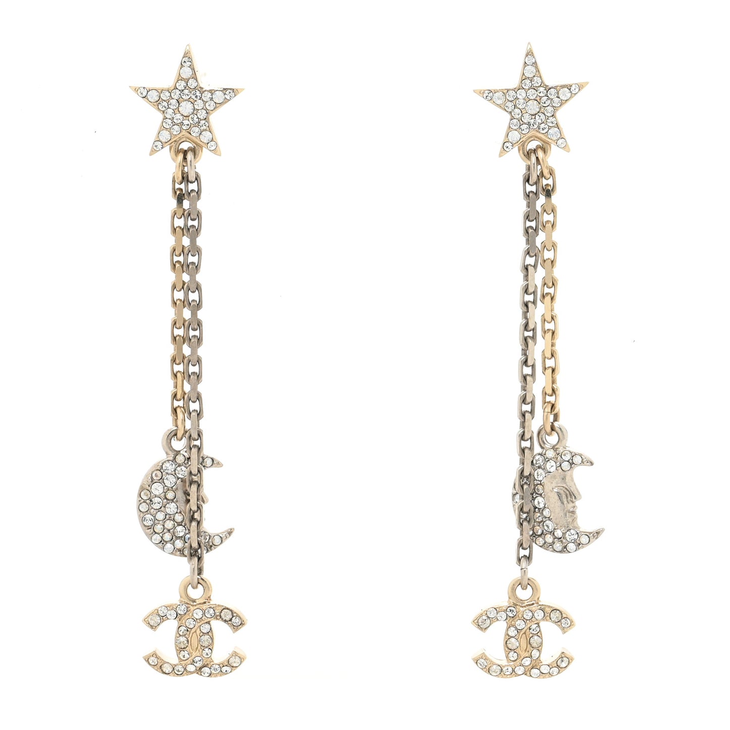 Crystal CC Star Moon Dangle Earrings Silver Gold
