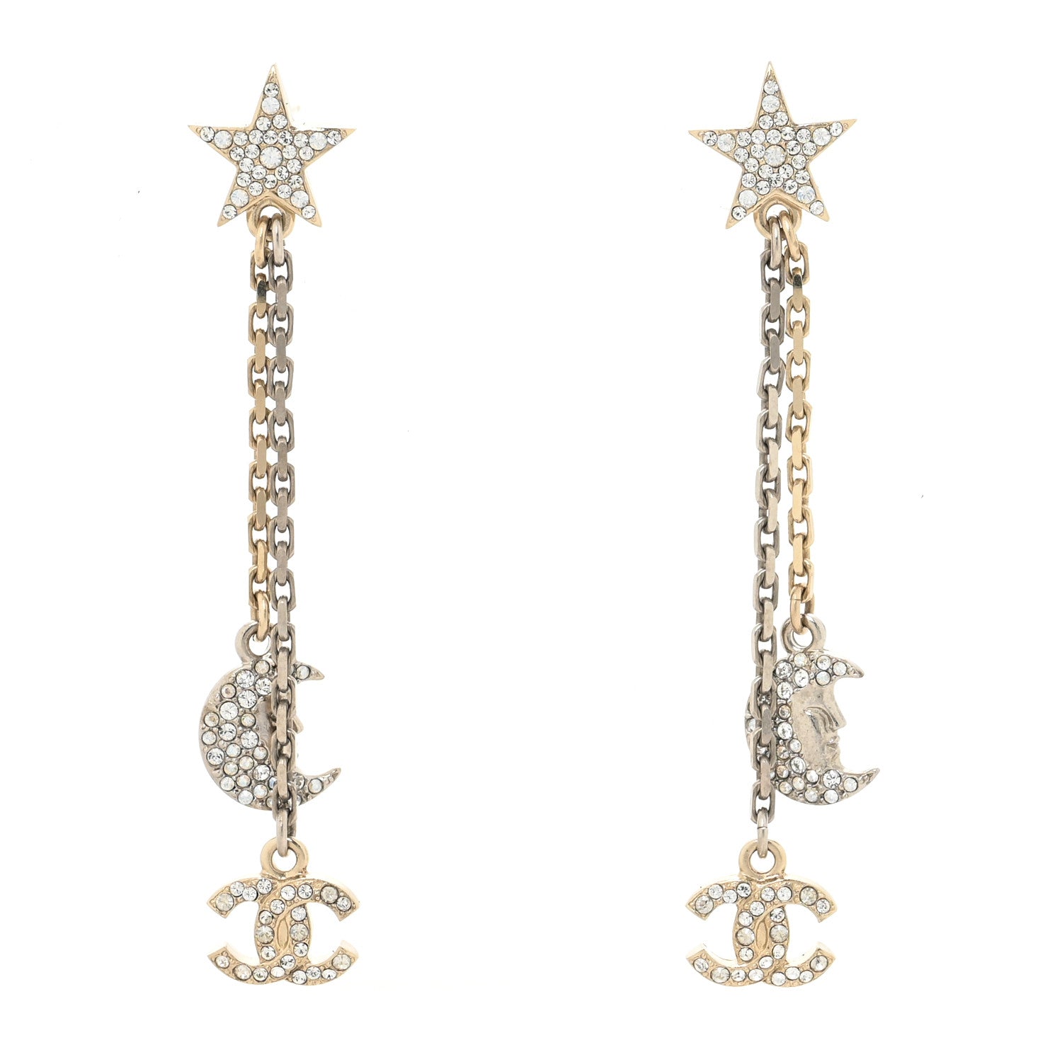 Chanel Crystal CC Star Moon Dangle Earrings Silver Gold 1 of 4