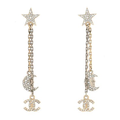 Chanel Crystal CC Star Moon Dangle Earrings Silver Gold 1 of 4
