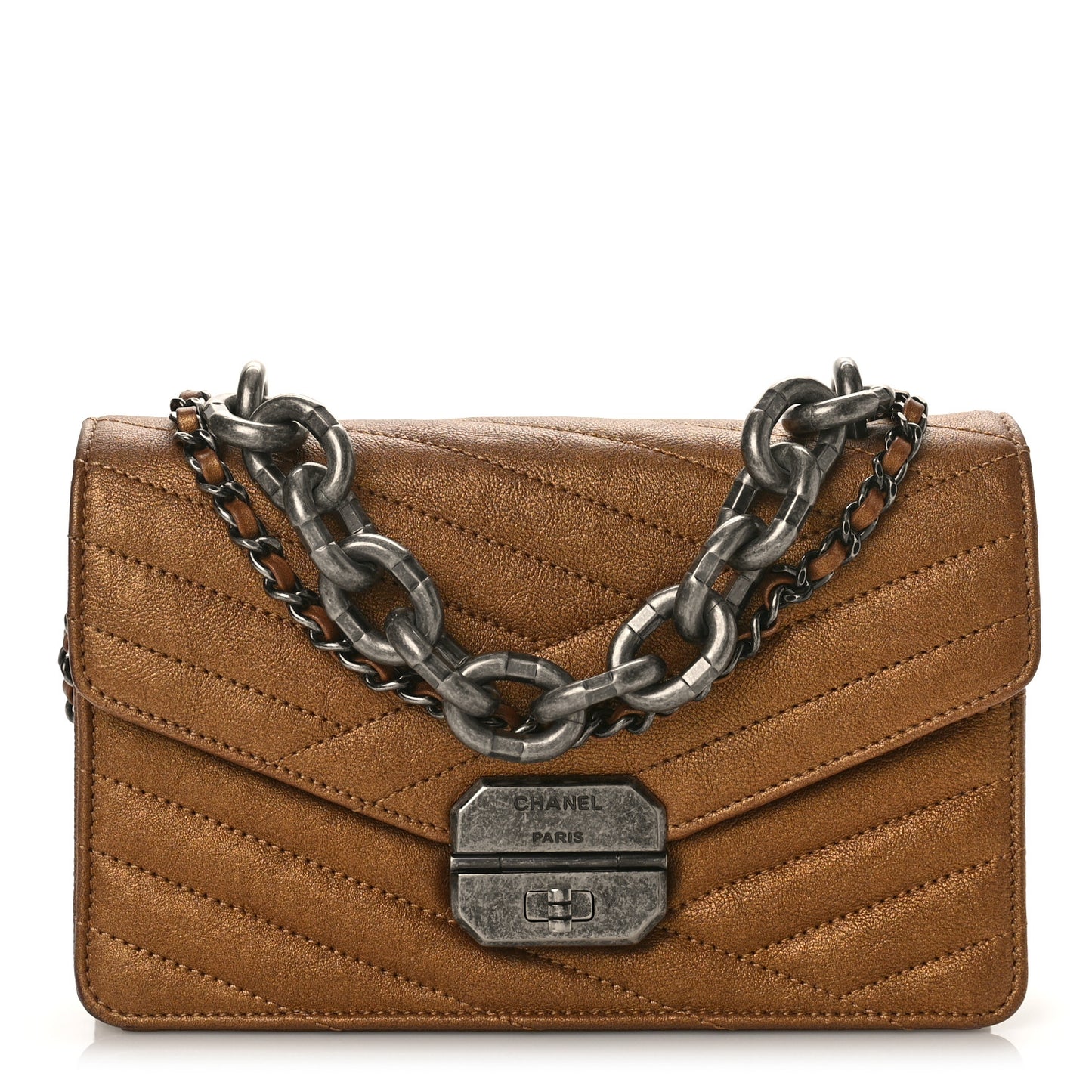 Metallic Calfskin Chevron Quilted Small Gabrielle Flap Gold