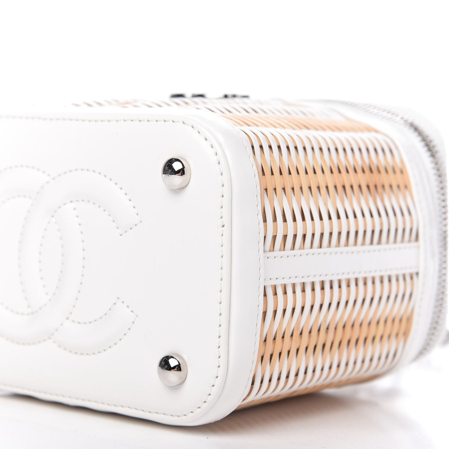 Calfskin Raffia Small Vanity Case Bag White Beige