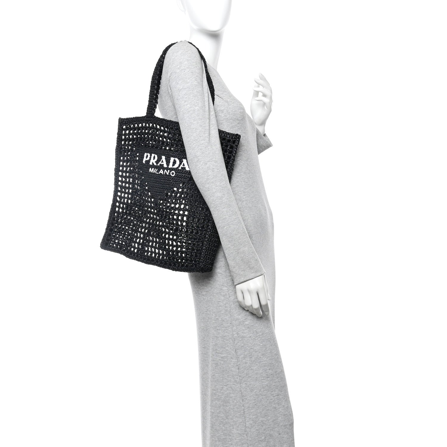 Prada Yarn Raffia Effect Crochet Logo Embroidered Tote Bag Black 2 of 10
