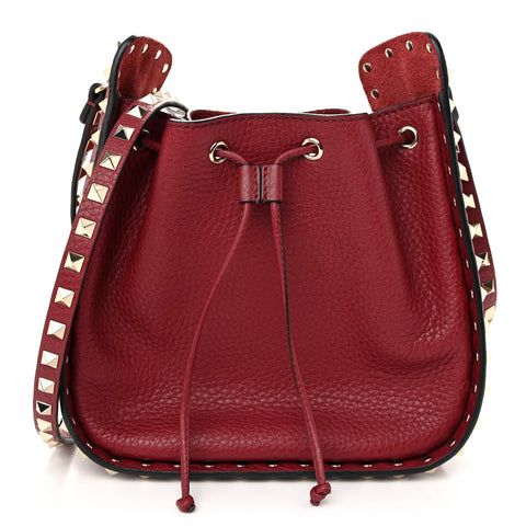 Grained Calfskin Rockstud Bucket Bag Rubino