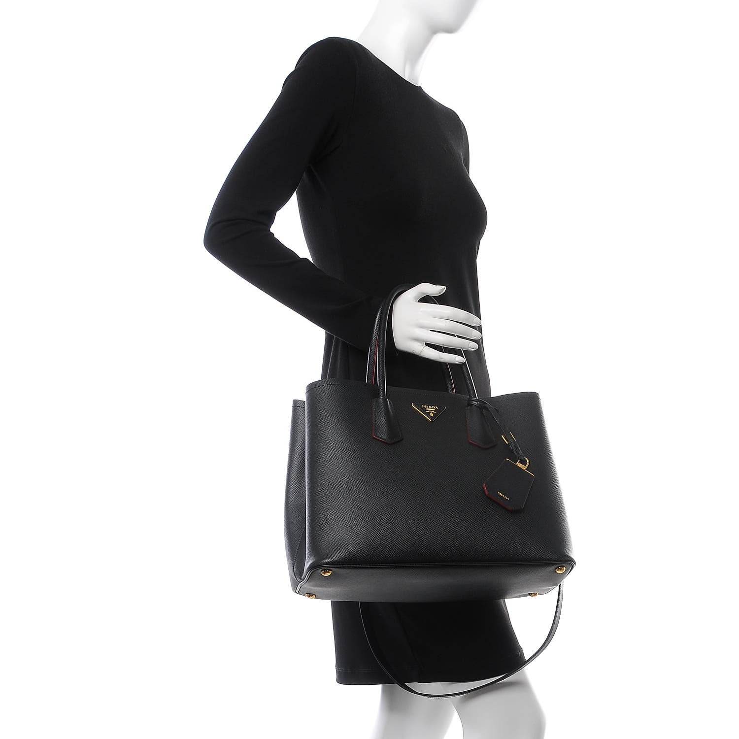 Prada Saffiano Cuir Large Double Bag Black Ciliegia 2 of 8