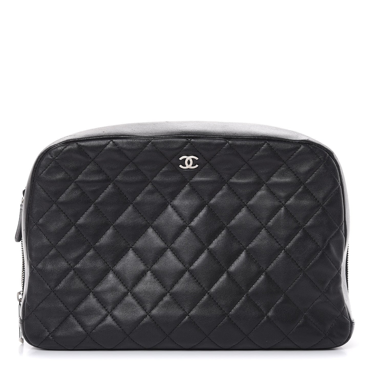 Lambskin Quilted Large Curvy Pouch Cosmetic Case Black