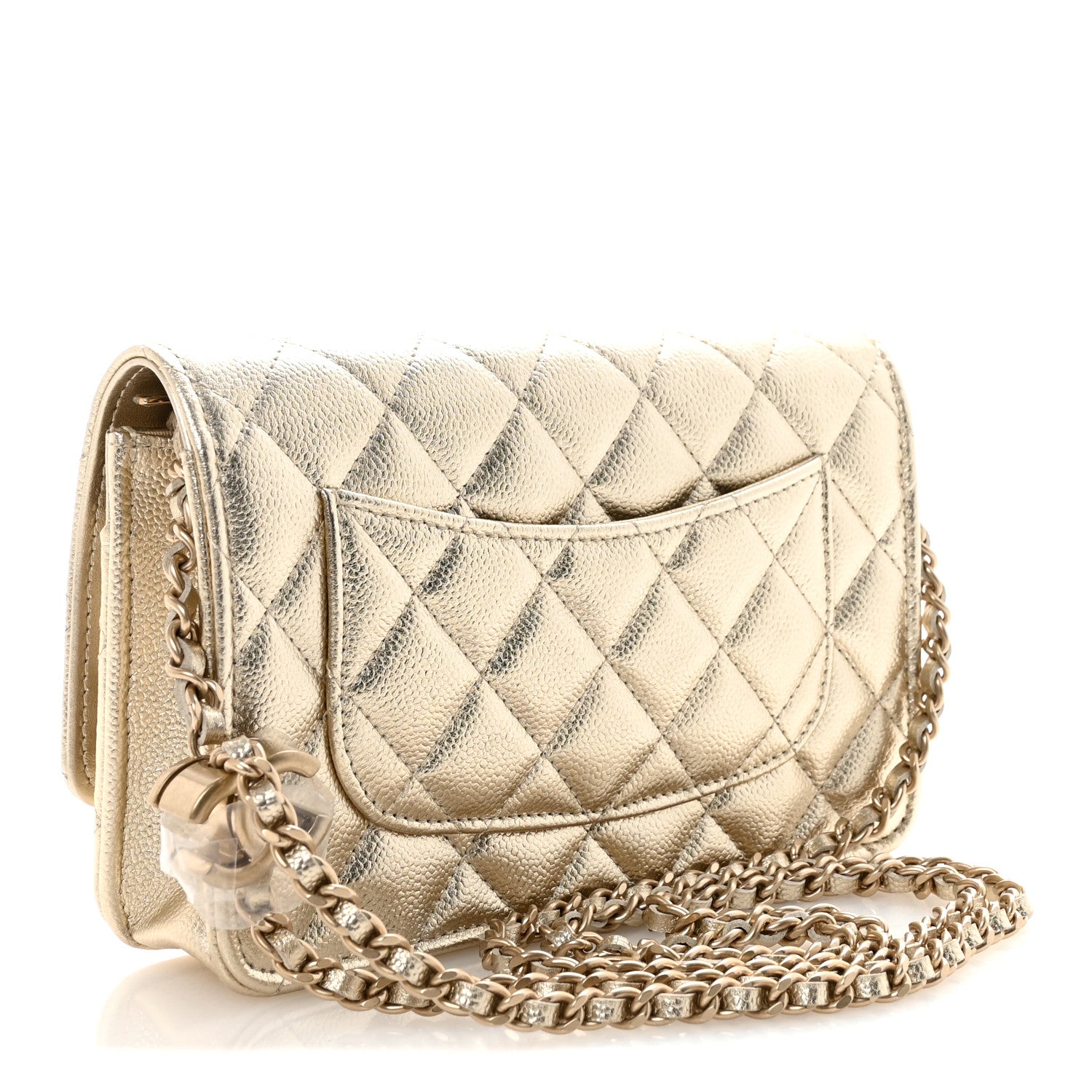 Chanel Metallic Caviar Quilted CC Crush Wallet On Chain WOC Light