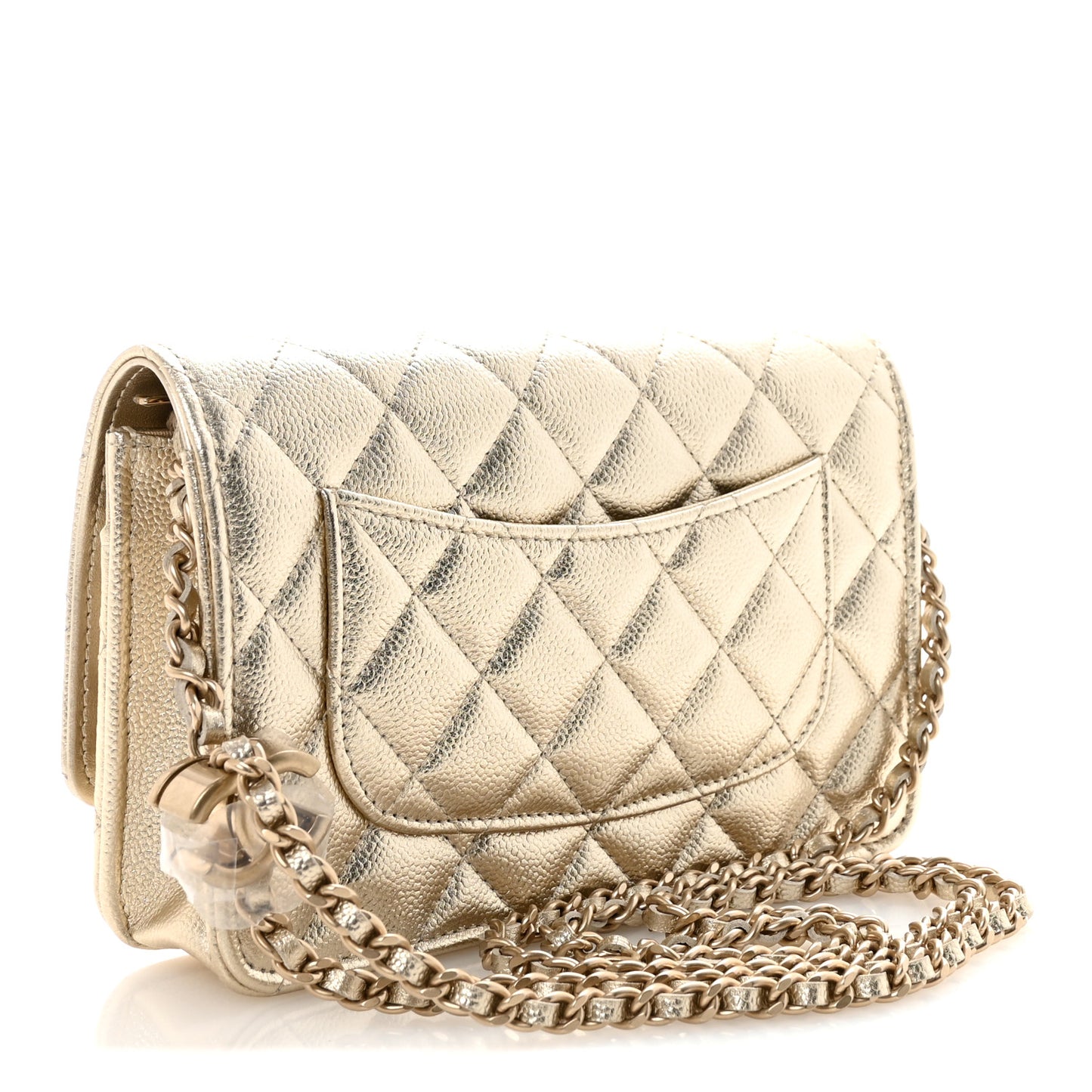 Metallic Caviar Quilted CC Crush Wallet On Chain WOC Light Gold