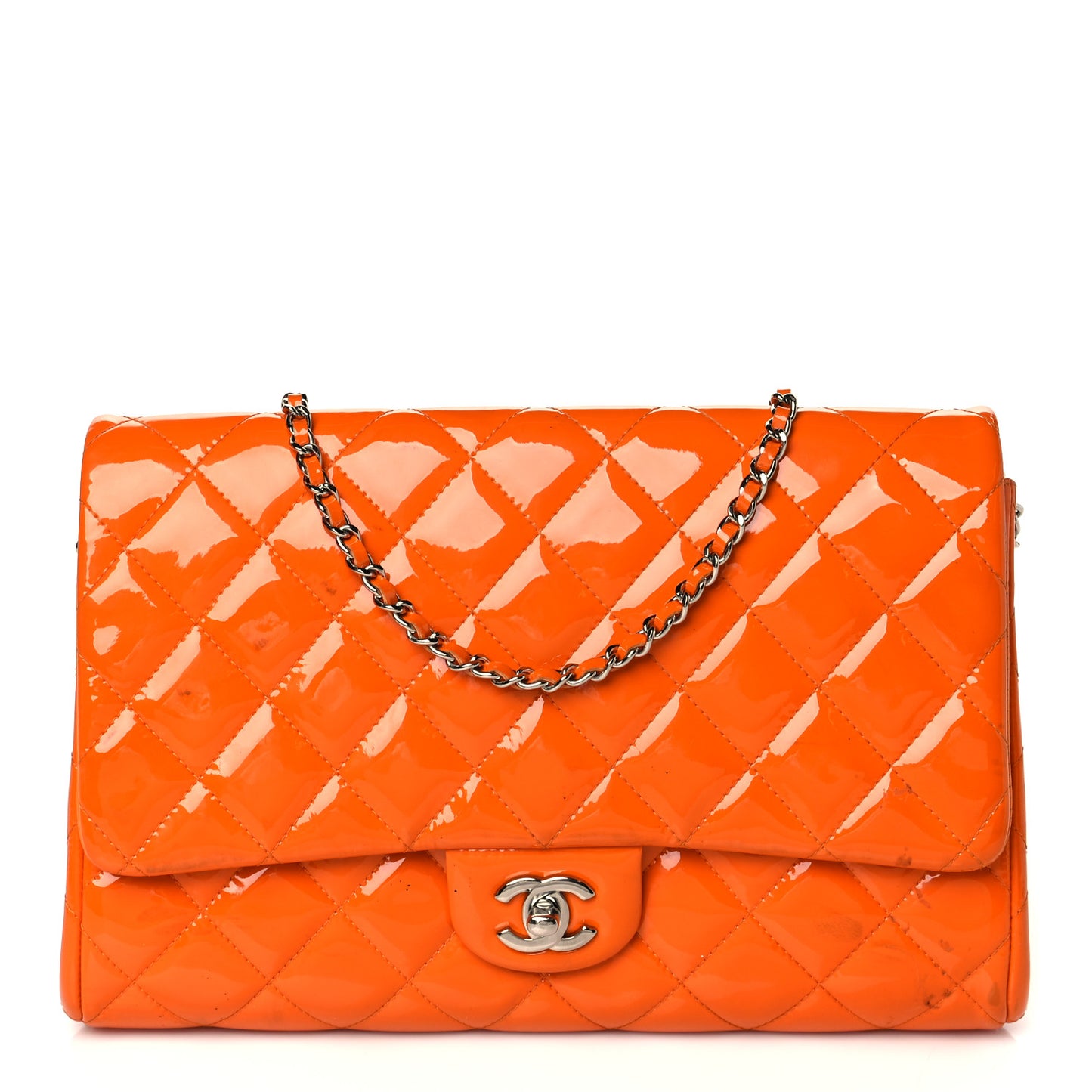 Patent Quilted Clutch with Chain Flap Orange