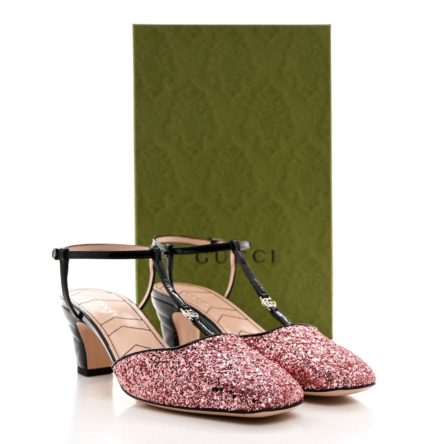 Gucci Calfskin Glitter Double G 55mm Slingback Pumps 38 Black Pink Glitter 8 of 8