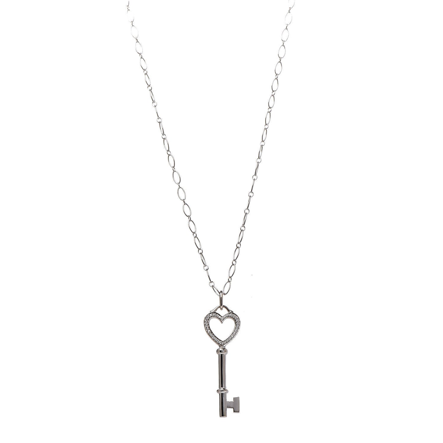 18K White Gold Diamond Mini Heart Key Charm Pendant Link Necklace