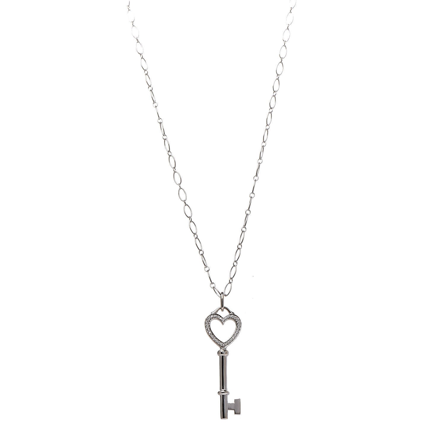Tiffany 18K White Gold Diamond Mini Heart Key Charm Pendant Link Necklace 1 of 9