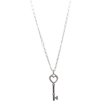 Tiffany 18K White Gold Diamond Mini Heart Key Charm Pendant Link Necklace 1 of 9
