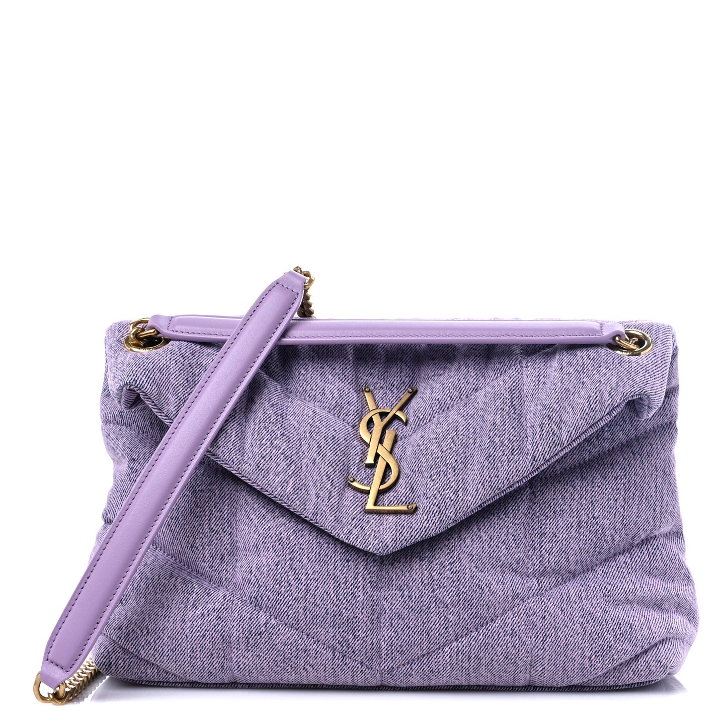 Denim Quilted Small Loulou Puffer Monogram Chain Satchel Bleached Lilac