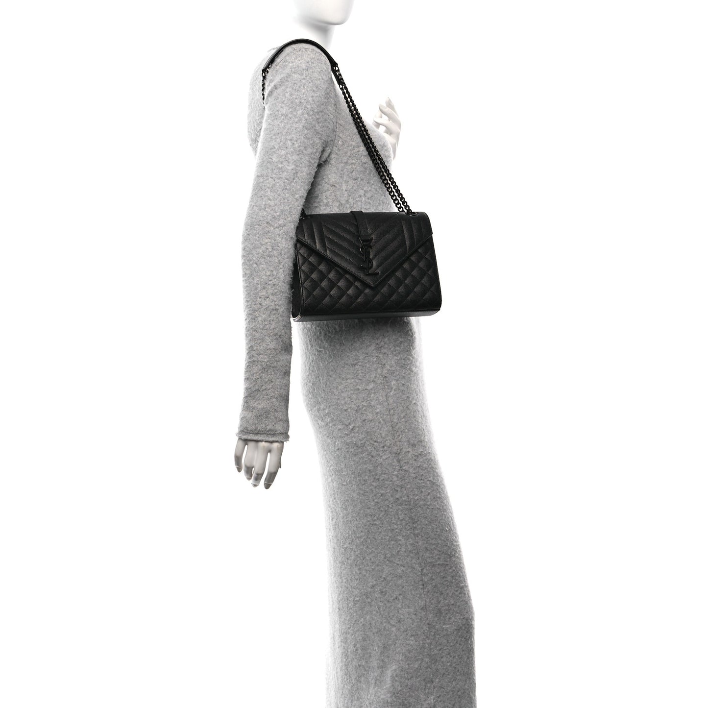 Grain De Poudre Textured Mixed Matelasse Triquilt Medium Monogram Monochrome Satchel Black