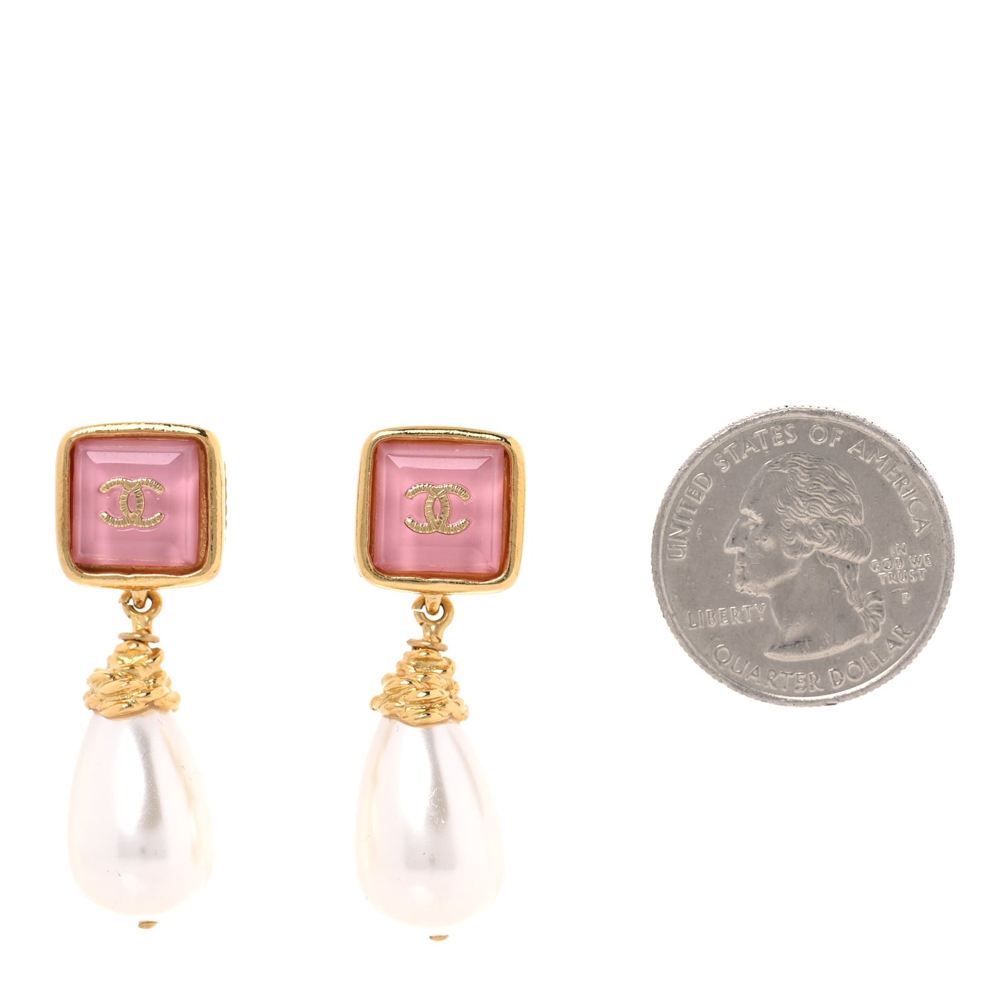 Pearl Enamel CC Square Drop Earrings Gold Pink