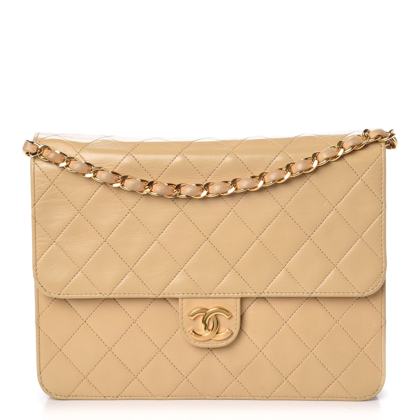 Lambskin Stitched Small Single Flap Beige