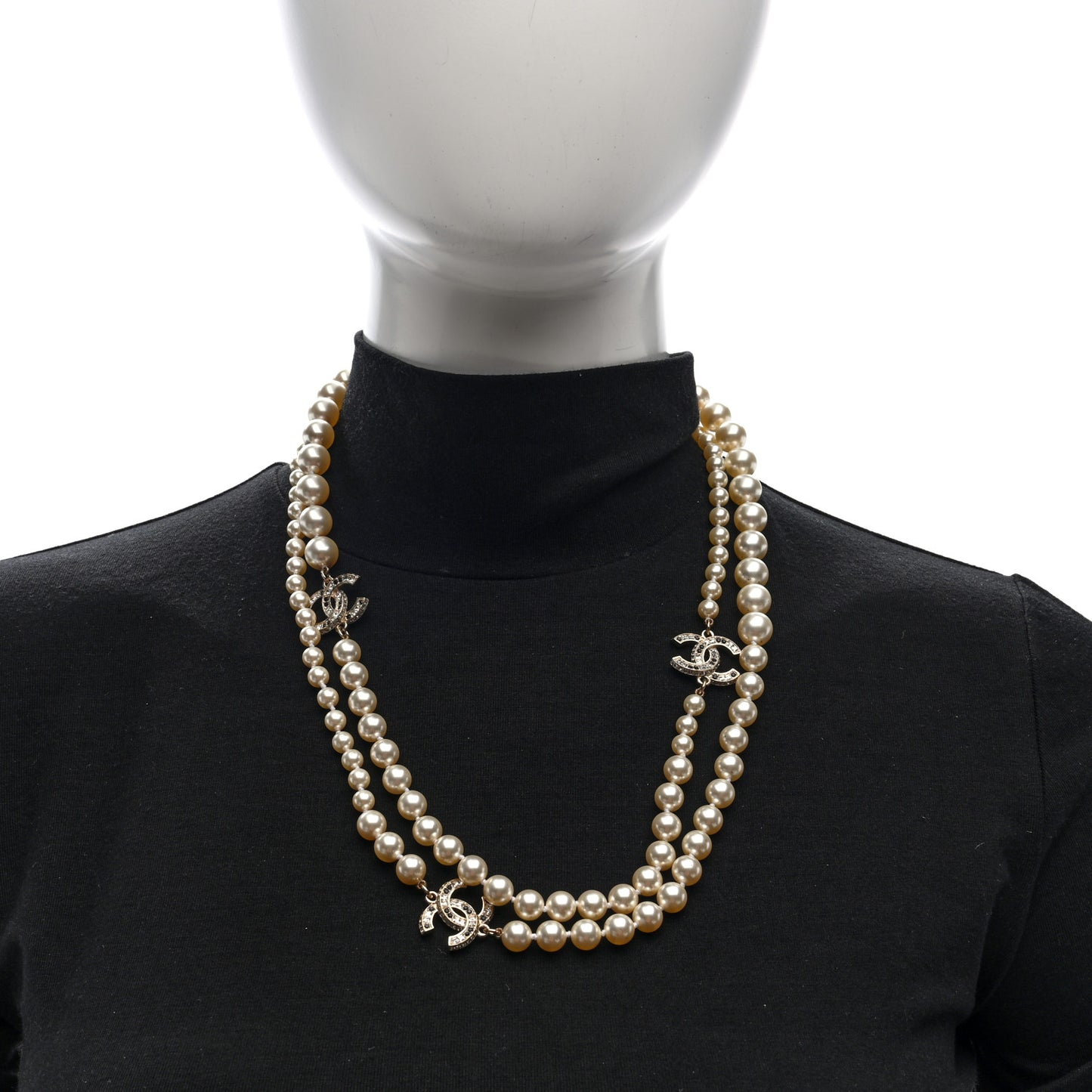 Baguette Crystal Pearl CC Long Necklace Gold