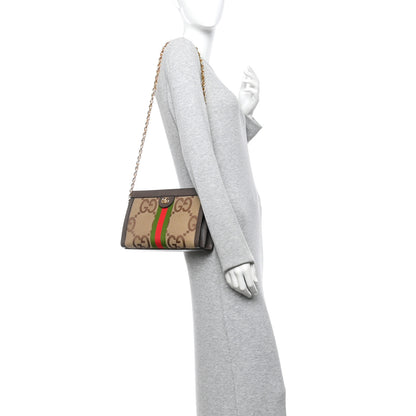Gucci Monogram Jumbo GG Textured Dollar Calfskin Web Small Ophidia Chain Shoulder Bag Camel Ebony New Acero 2 of 12