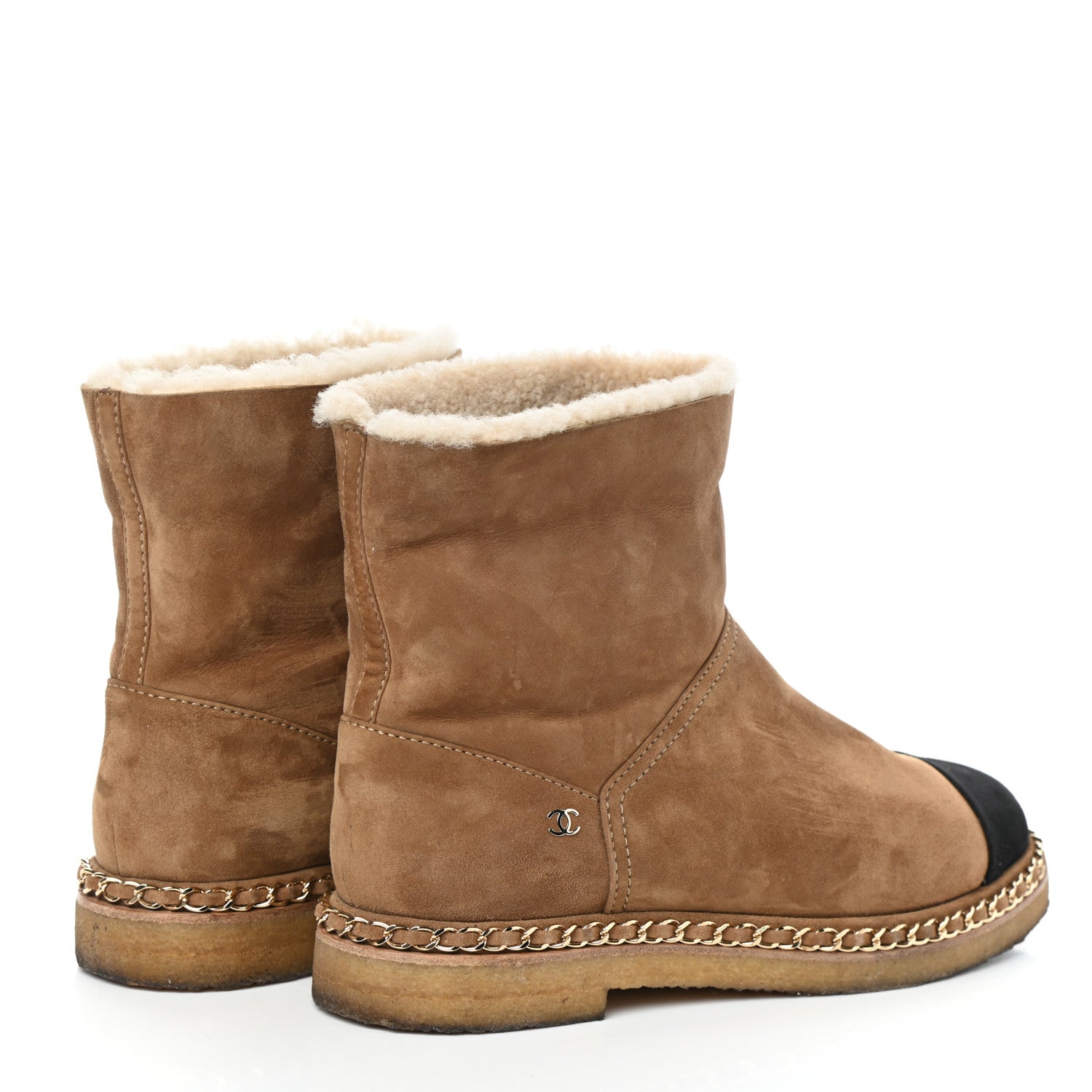Chanel Kid Suede Shearling Womens Cap Toe Chain Short Boots 39.5 Light Brown Black 4 of 7