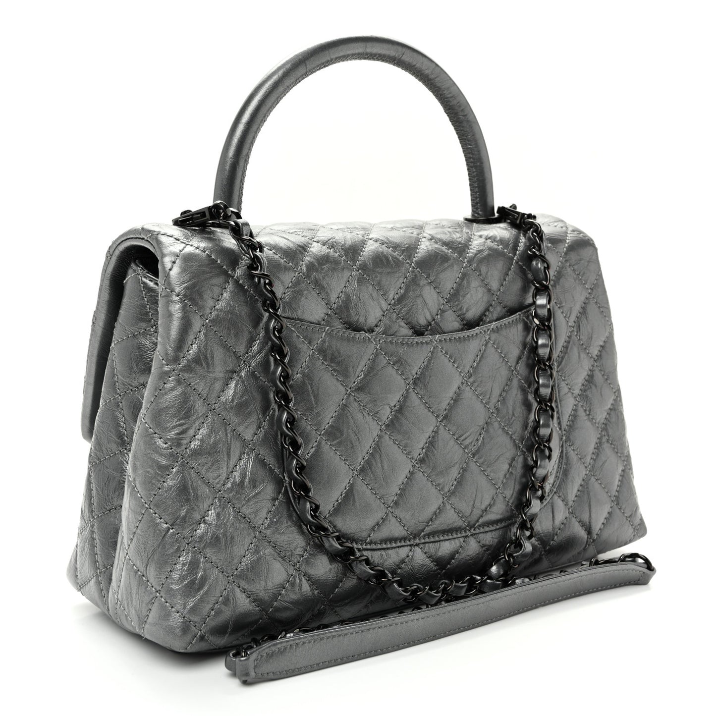 Metallic Aged Calfskin Quilted Small Coco Handle Flap Charcoal