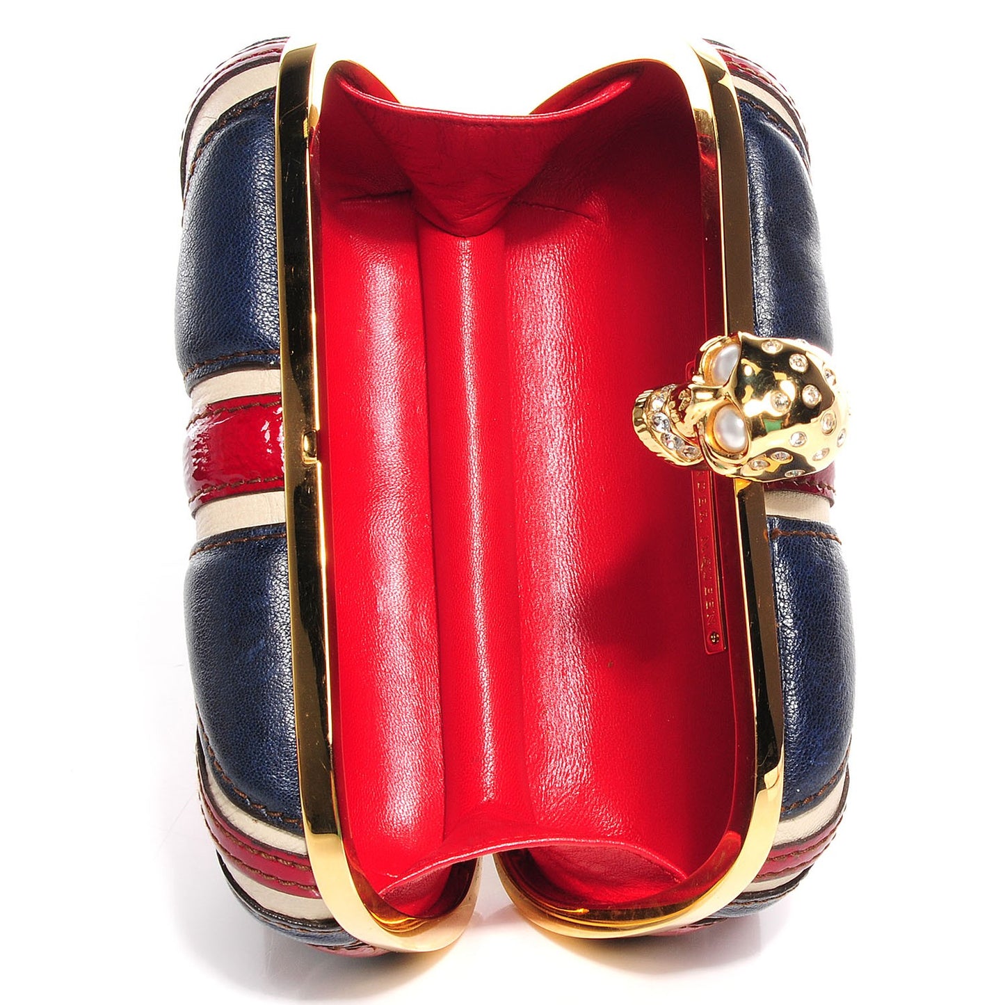 Patent Calfskin Britannia Skull Box Clutch Red Blue