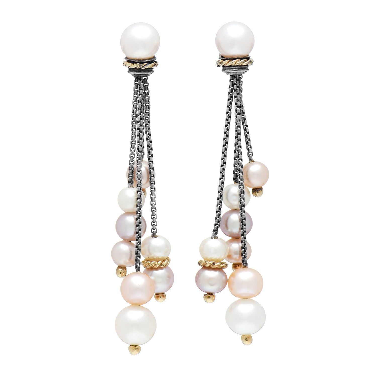 David Yurman Sterling Silver 18K Yellow Gold Pearl Tassel Earrings 1 of 4