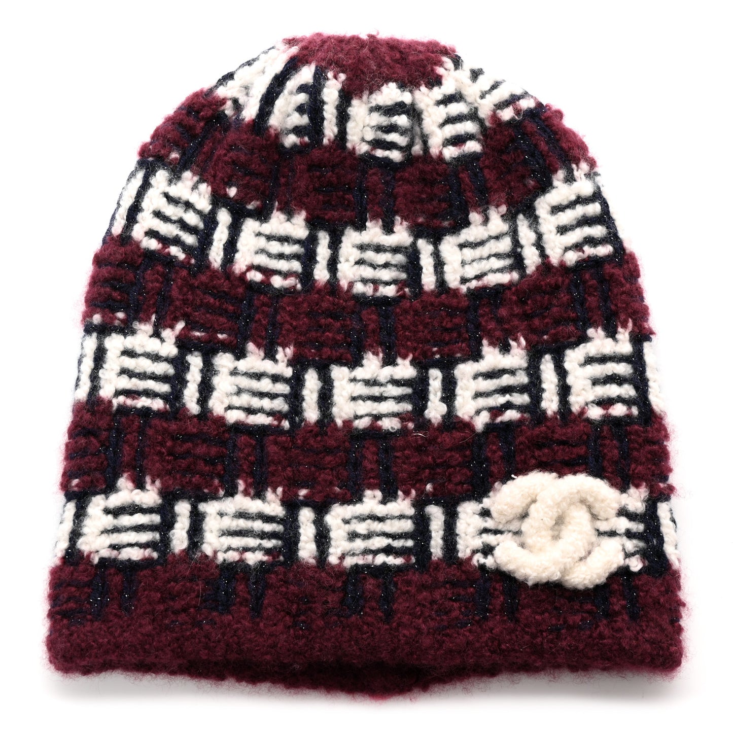 Cashmere Silk Glitter Logo Beanie Hat Burgundy Navy White