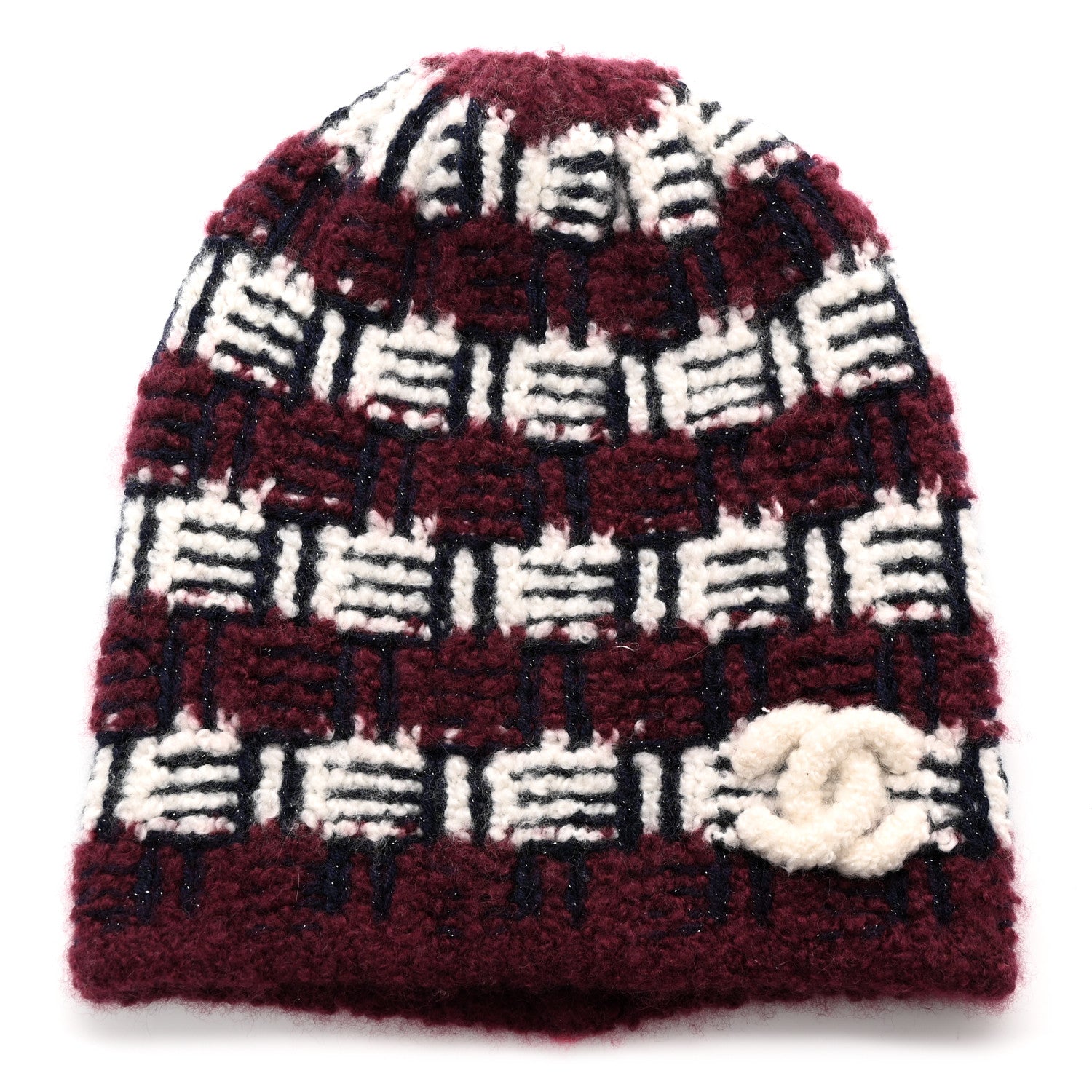 Chanel Cashmere Silk Glitter Logo Beanie Hat Burgundy Navy White 1 of 6