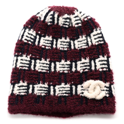 Chanel Cashmere Silk Glitter Logo Beanie Hat Burgundy Navy White 1 of 6
