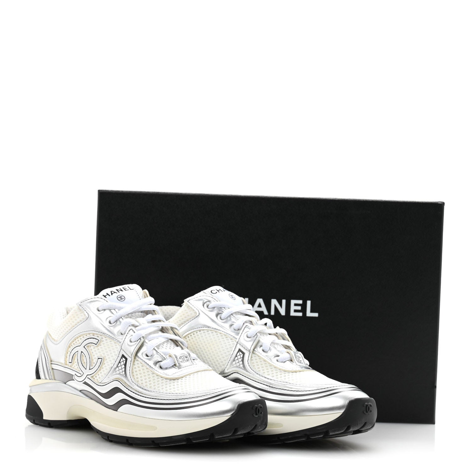 Chanel Fabric Laminated Calfskin Stretch CC Sneakers 38 White Silver 10 of 10