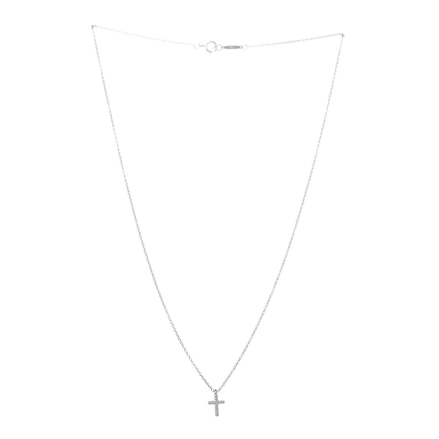 Tiffany 18K White Gold Diamond Mini Cross Pendant Necklace 3 of 6