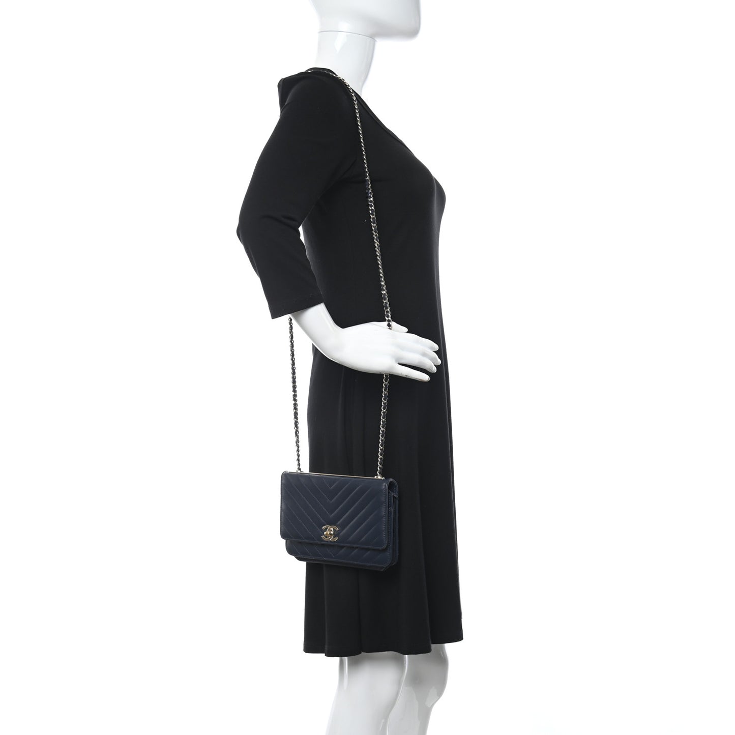 Lambskin Chevron Quilted Trendy CC Wallet On Chain WOC Dark Blue