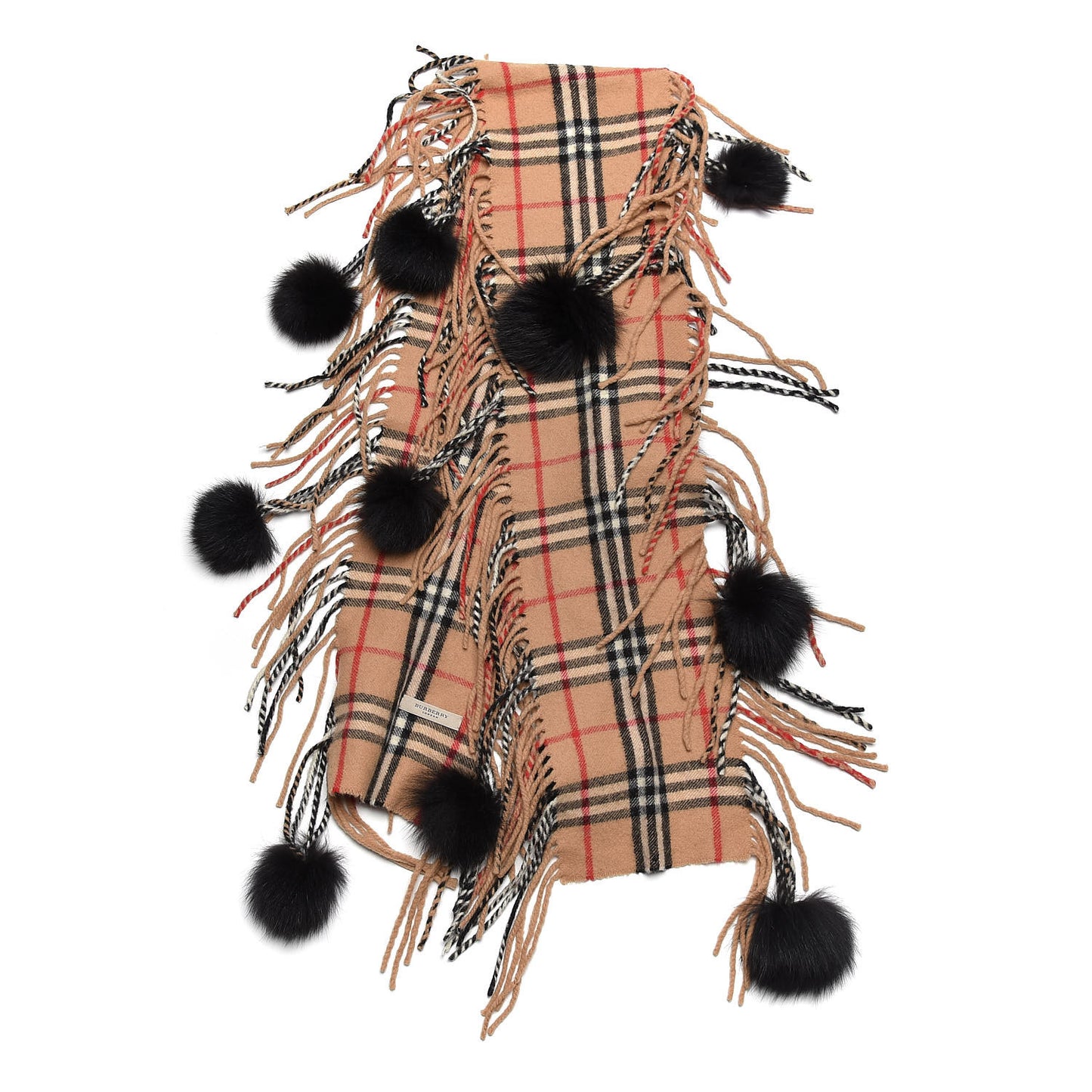 Cashmere Fox Fur Check Pom Pom Scarf