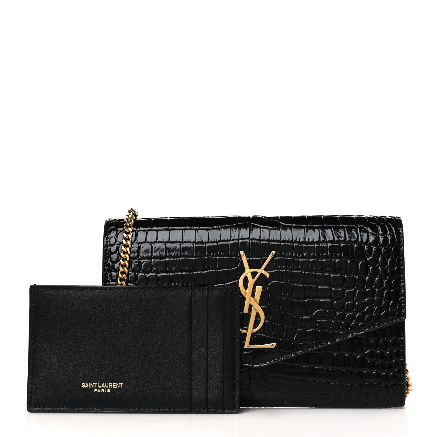 Saint Laurent Calfskin Crocodile Embossed Monogram Uptown Chain Wallet Black 1 of 12