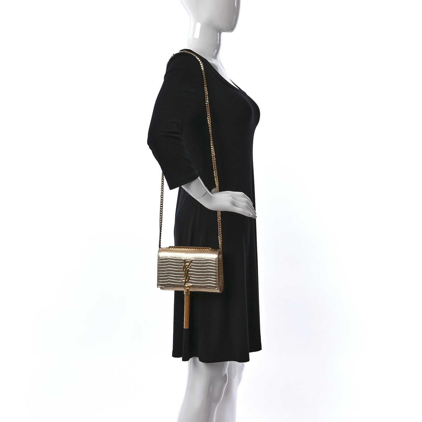 Metallic Calfskin Crocodile Embossed Small Classic Monogram Kate Tassel Satchel Gold