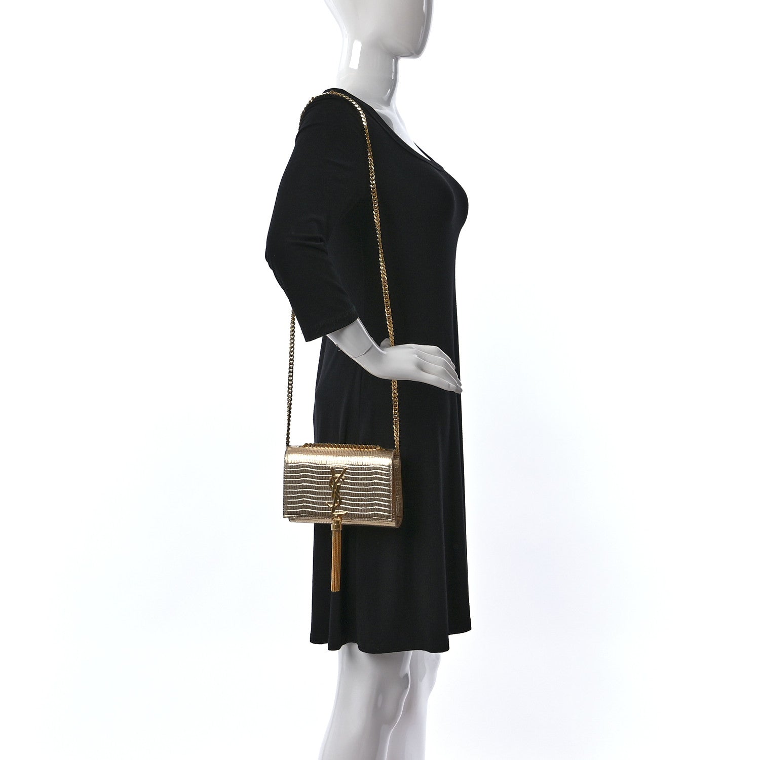 Saint Laurent Metallic Calfskin Crocodile Embossed Small Classic Monogram Kate Tassel Satchel Gold 2 of 12