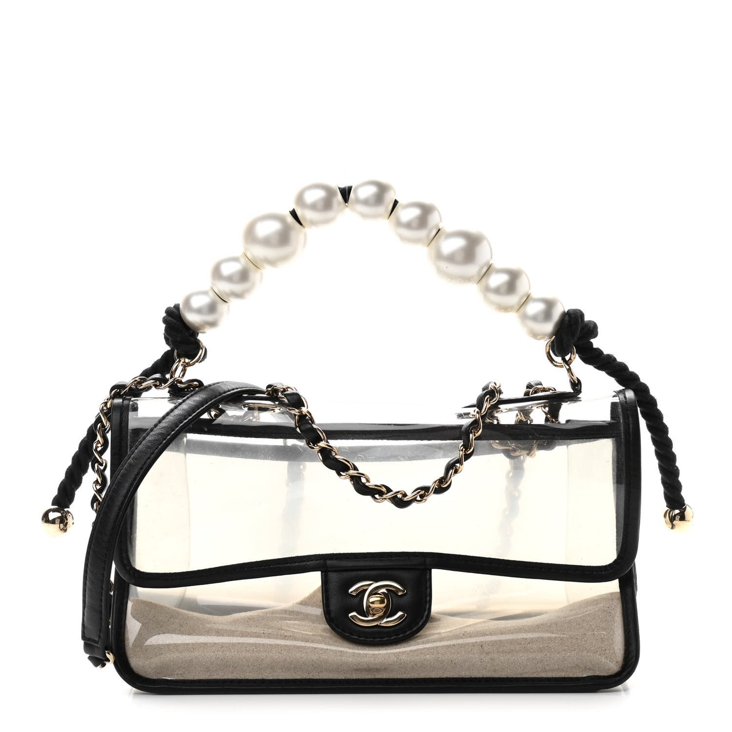 Lambskin PVC Sand By The Sea Flap With Pearl Strap Black