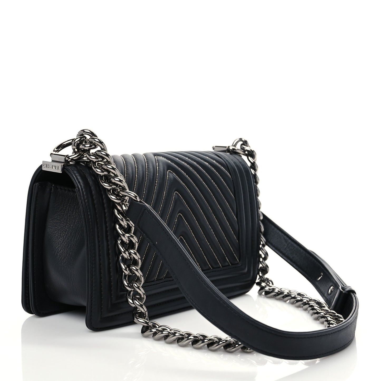Calfskin Chain Chevron Small Boy Flap Black