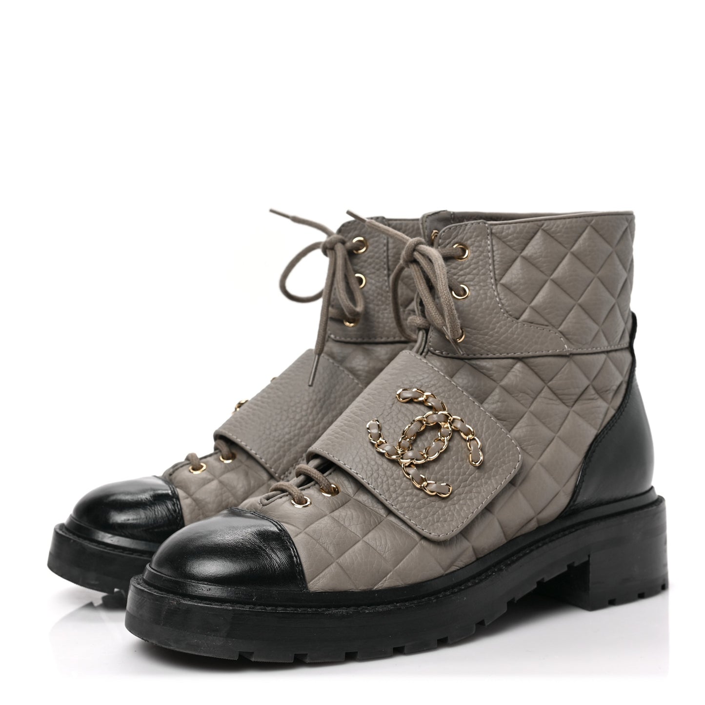 Calfskin Shiny Calfskin Quilted Lace Up Combat Boots 40 Dark Beige Black