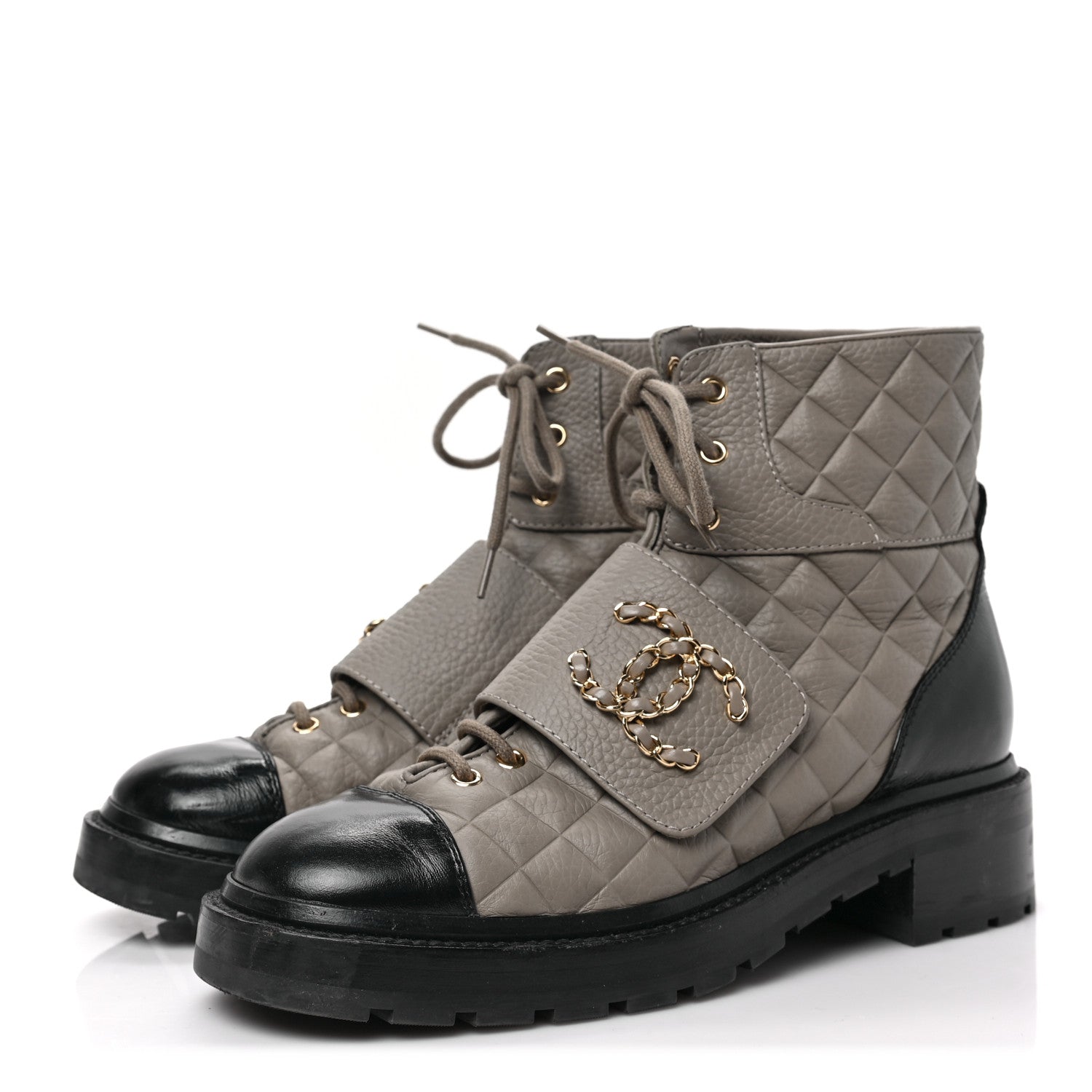 Chanel Calfskin Shiny Calfskin Quilted Lace Up Combat Boots 40 Dark Beige Black 3 of 7